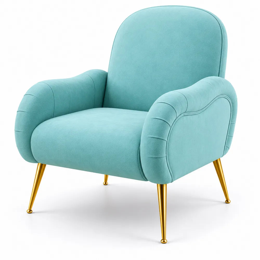 Poltrona in Tessuto Azzurro con Gambe in Metallo Dorato