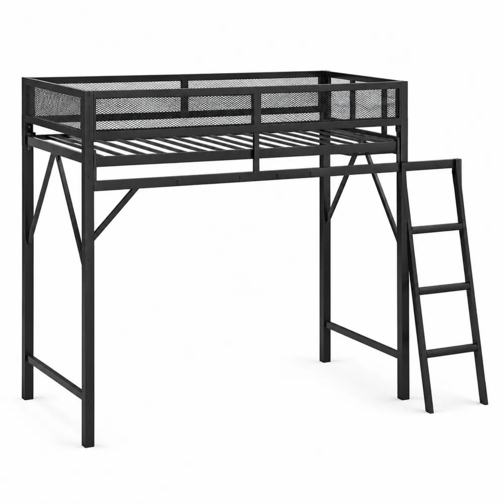 Letto a soppalco metallico nero con scala