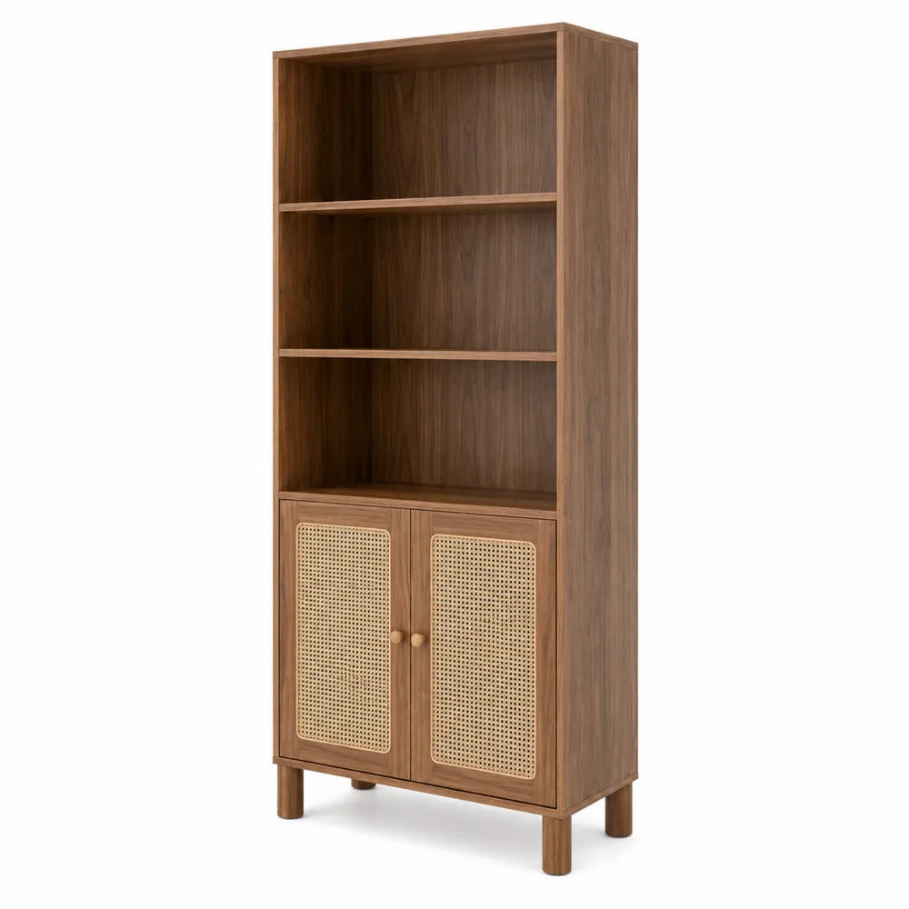 Libreria in Legno con Ante in Rattan e Ripiani