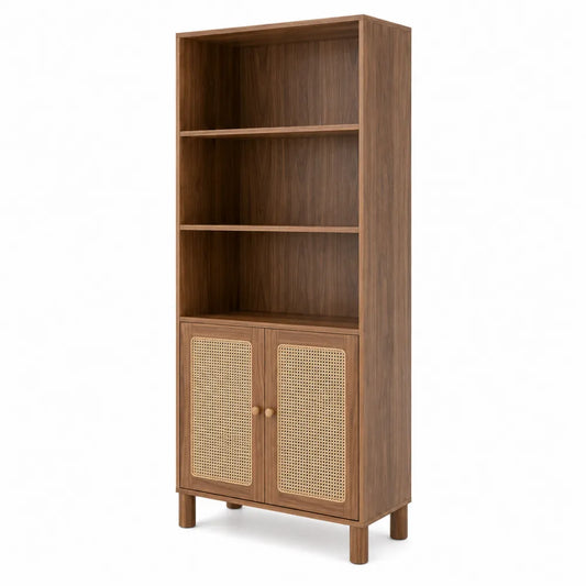 Libreria in Legno con Ante in Rattan e Ripiani