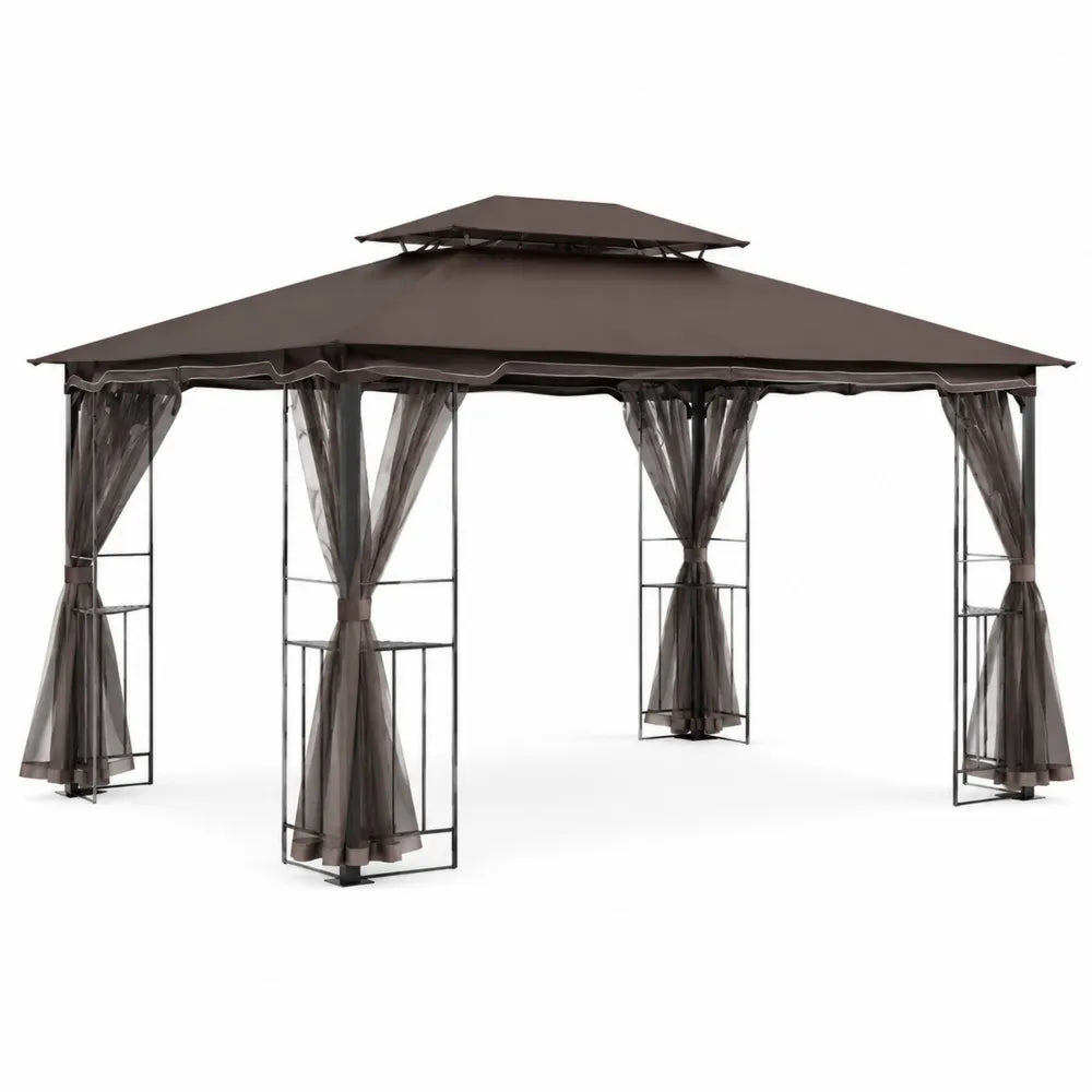 Gazebo da Giardino 3x4m Acciaio e Poliestere Marrone con Tende