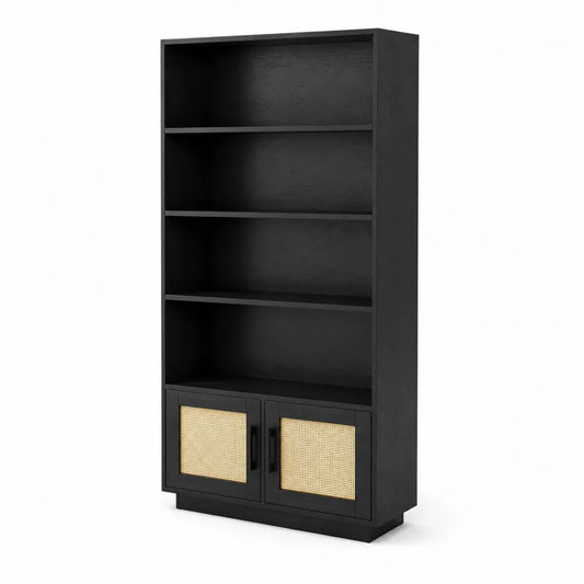 Libreria in Legno con Porte in Rattan Nero