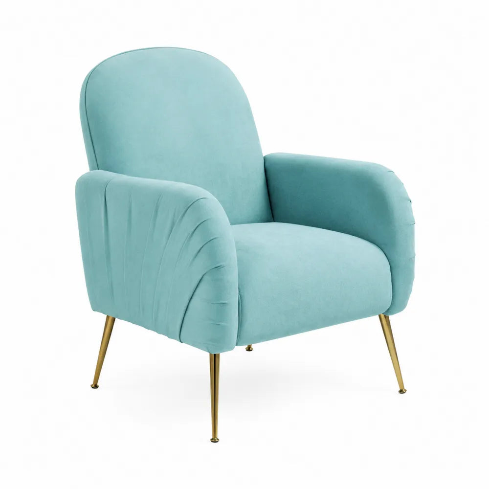 Poltrona in velluto azzurro con gambe in metallo dorato