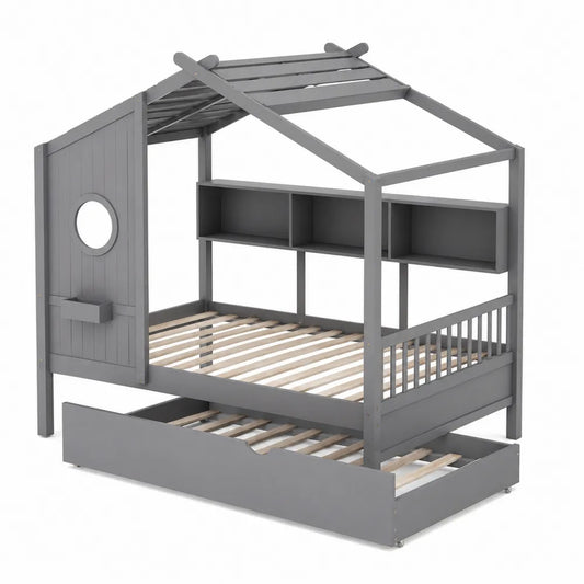 Letto a Casetta Legno Grigio con Cassetto Estraibile