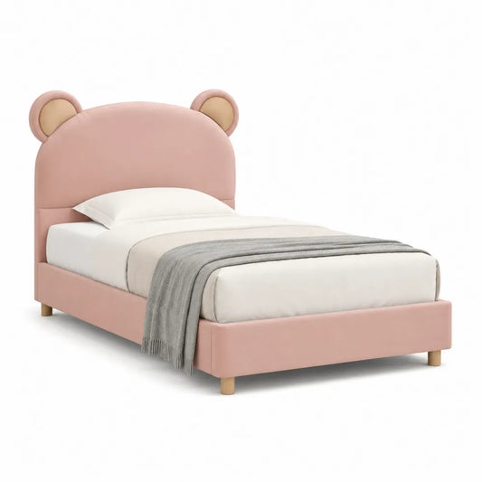 Letto singolo per bambini in tessuto rosa con testiera a forma di orso