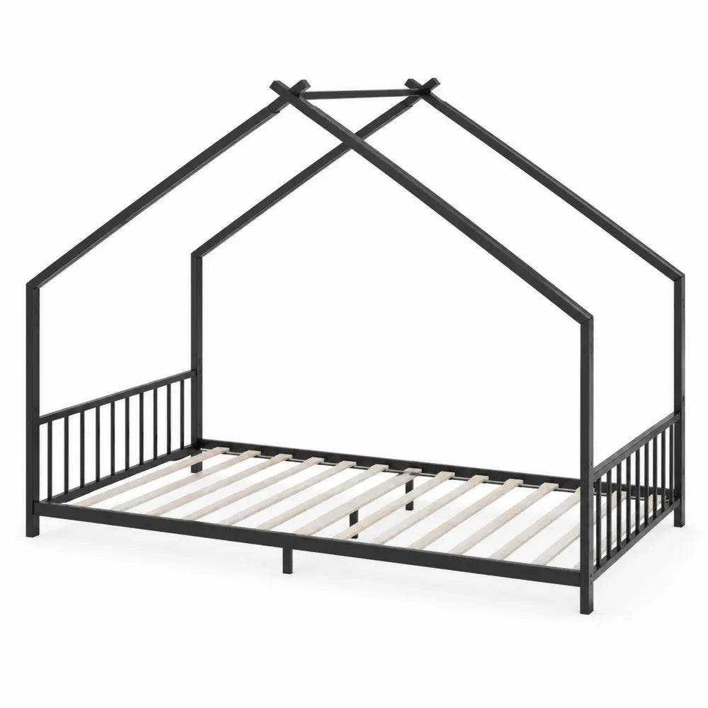 Letto a forma di casa in metallo nero con doghe in legno 200x90 cm