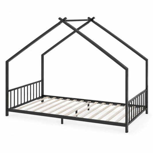 Letto a forma di casa in metallo nero con doghe in legno 200x90 cm